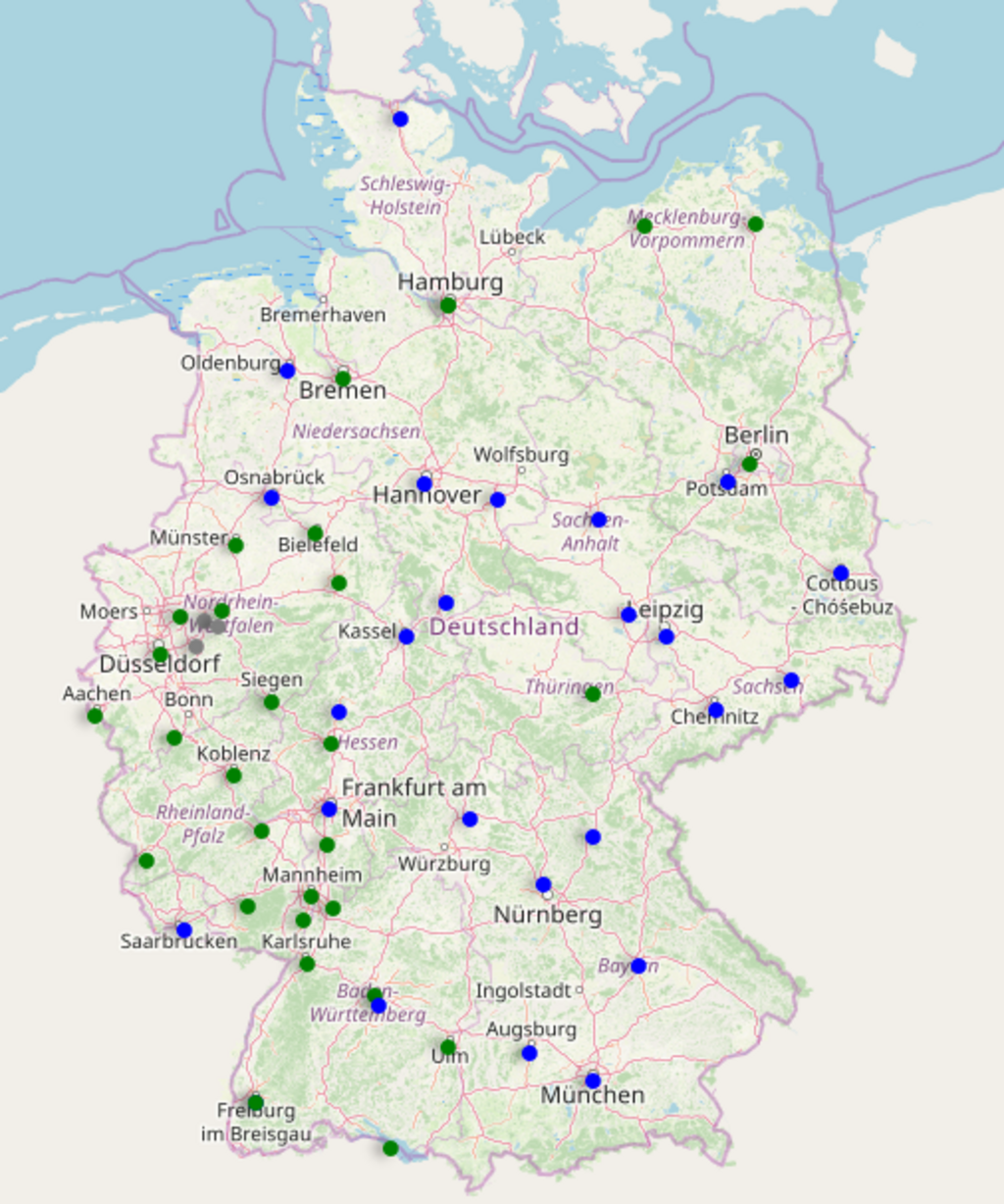 Deutschlandkarte mit Farbigen Punkten für die Studierendenwerke.